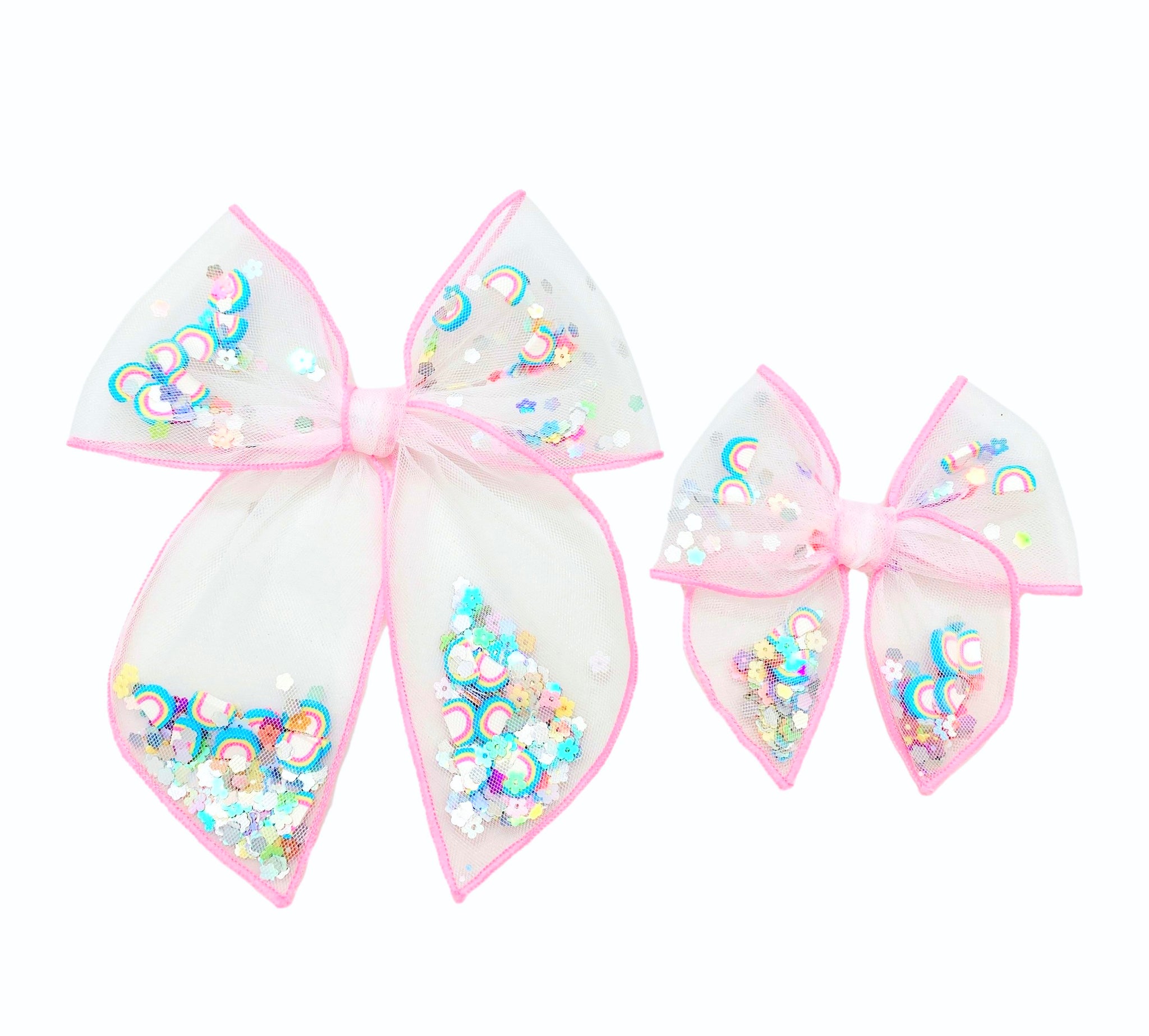 Choose Size PRE-FILLED/PRE-TIED SHAKER BOW-Rainbow Floral Sparkle-Trolls Inspired
