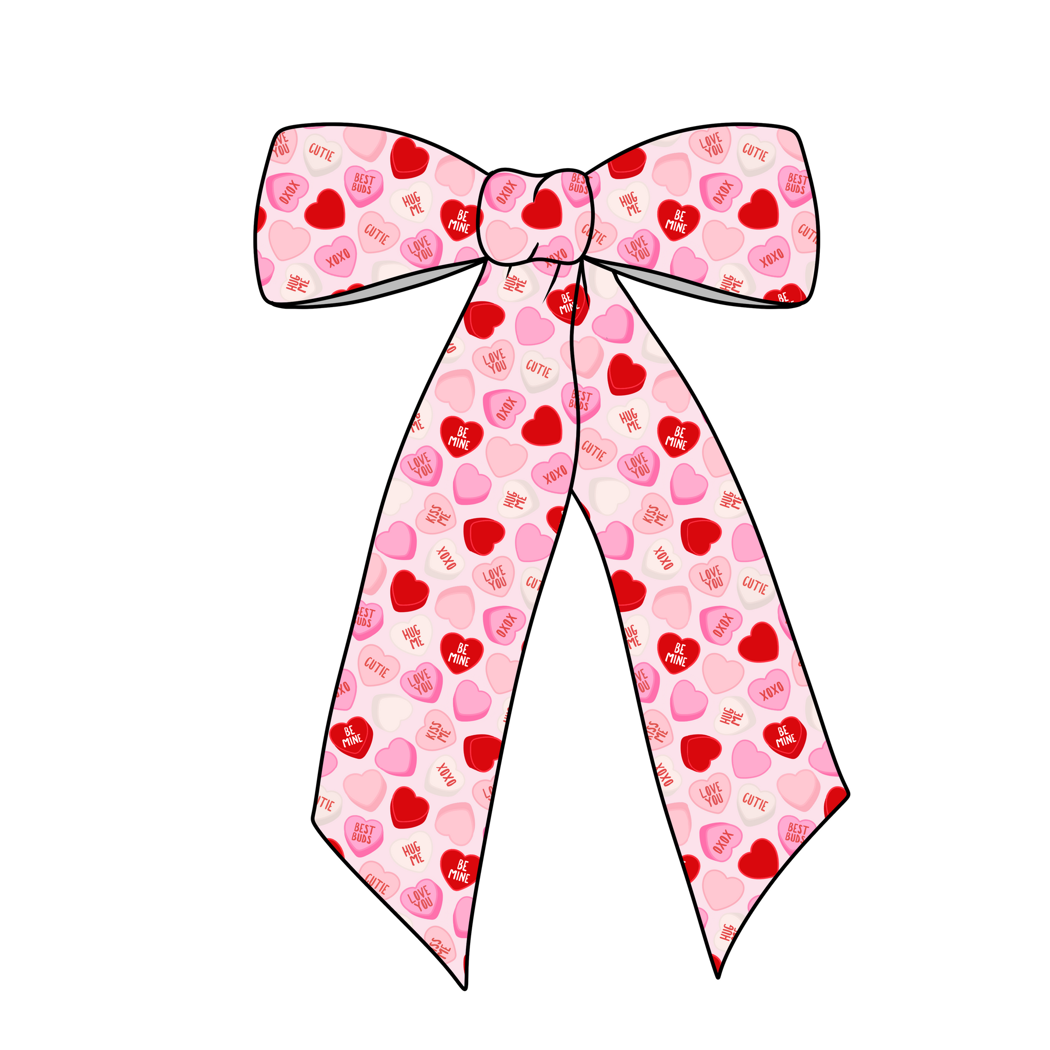 (PREORDER) PRE-TIED LONG TAILS BOW-Red and Pink Conversation Hearts