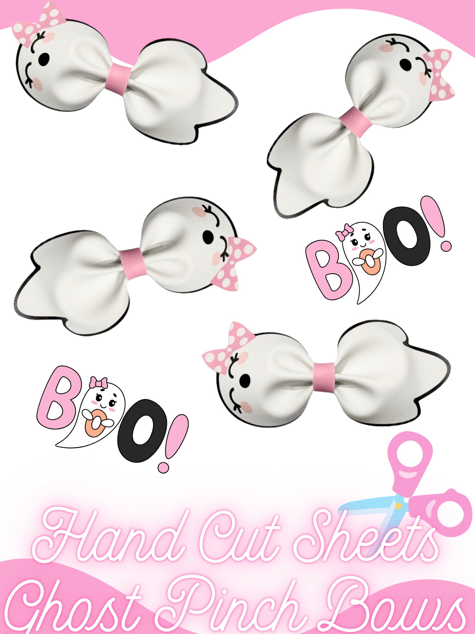 **READY TO SHIP!** 4 Piece-Cute Ghost Pinch Bows *HAND CUT SHEET* Premium Faux Leather