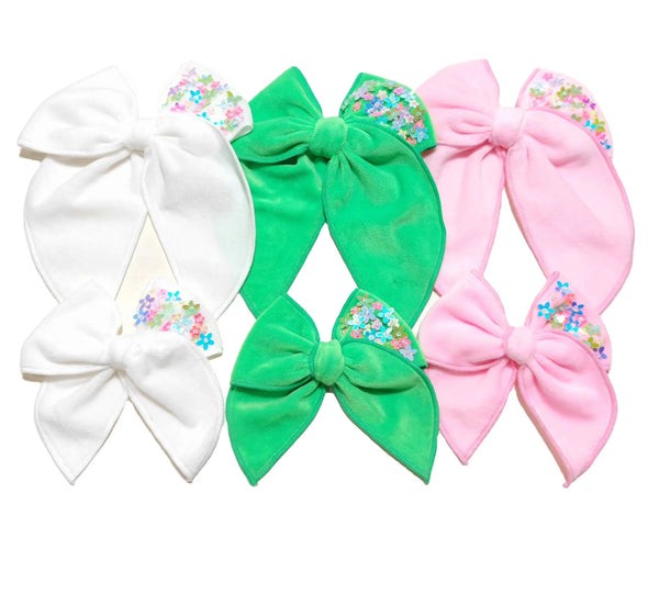 (PREORDER) Choose Size-PRE-TIED SURGED EDGE BOW-White Sequin Velvet