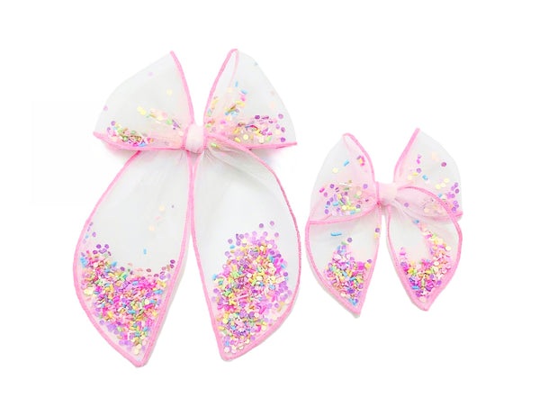 (PREORDER) Choose Size-PRE-FILLED/PRE-TIED SHAKER BOW-Pink Sprinkle Confetti