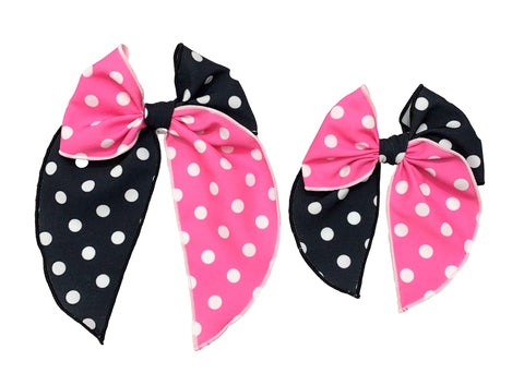 Choose Size-PRE-TIED SURGED EDGE BOW-Pink/Black Polkadot Minnie Bow