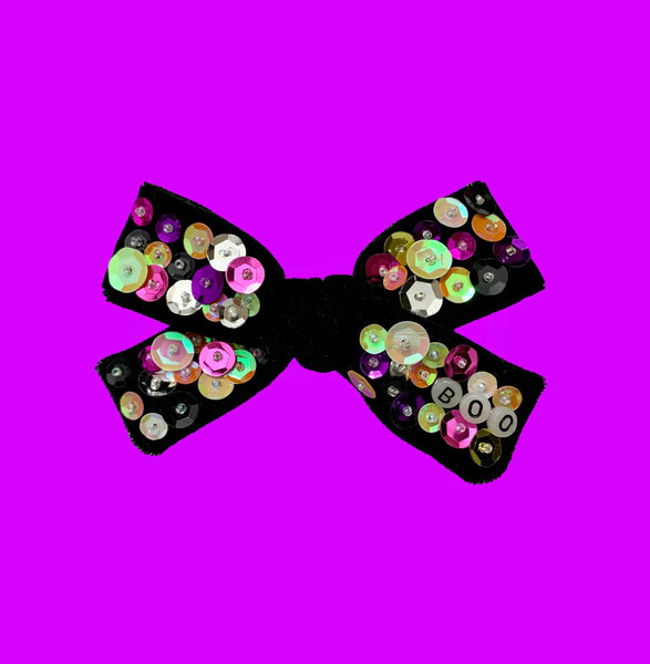 PRE-TIED BOW💡👻 GLOW IN THE DARK "BOO" Hand-Sewn Sequin Velvet Bow