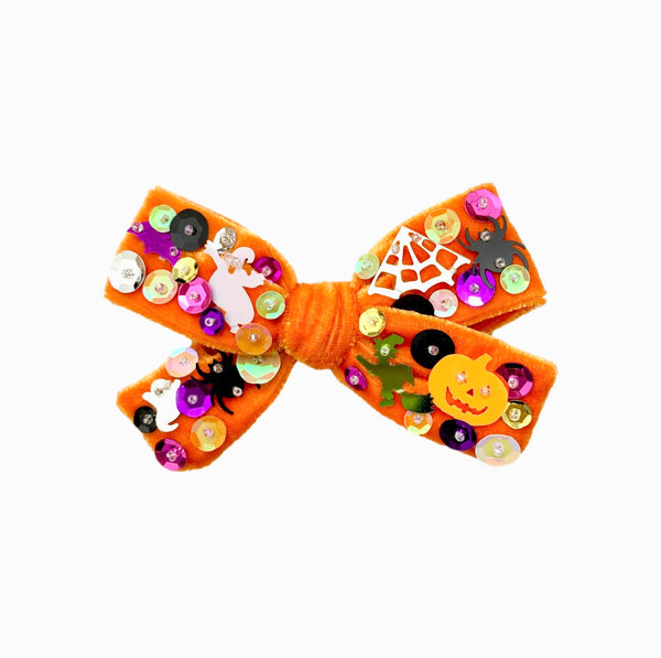 (PREORDER) PRE-TIED BOW-🎃👻 Happy Halloween Hand-Sewn Sequin Velvet Bow