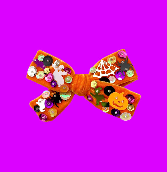 (PREORDER) PRE-TIED BOW-🎃👻 Happy Halloween Hand-Sewn Sequin Velvet Bow