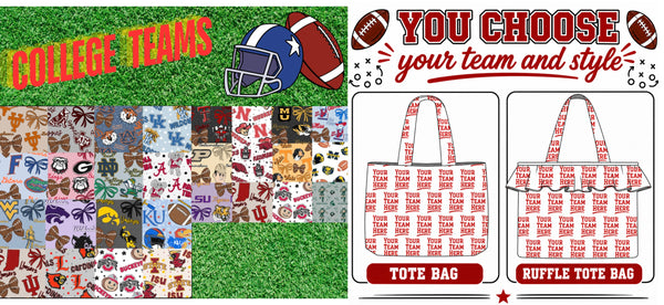(PREORDER TOTE BAGS-STYLE TC) COLLEGE Football Bow Teams-You Choose Team and Style