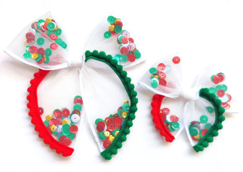 Choose Size PRE-FILLED/PRE-TIED SHAKER BOW-Merry & Bright Pom-Pom