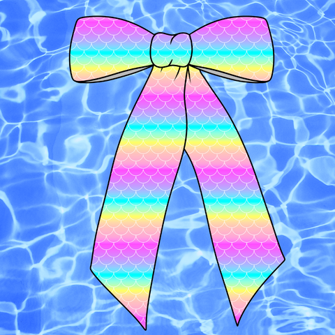 💦 SWIM FABRIC PRE-TIED LONG TAILS BOW-Rainbow Mermaid Scales