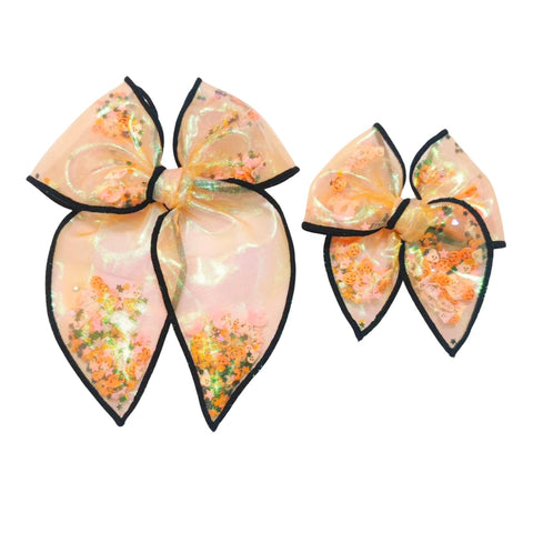 Choose Size-PRE-FILLED/PRE-TIED SHAKER BOW-Iridescent Happy Halloween