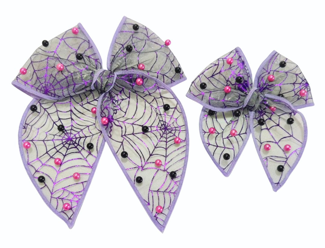Choose Size PRE-TIED TULLE Beaded Bow-Purple, Pink, Black Spider Web