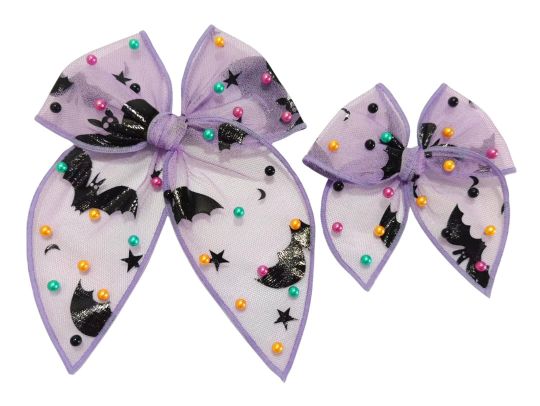 Choose Size PRE-TIED TULLE Beaded Bow-Purple Rainbow Bat