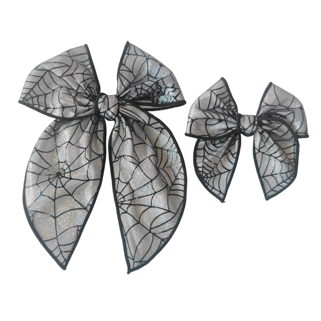Choose Size PRE-TIED Bow-Iridescent Silver Spider Web