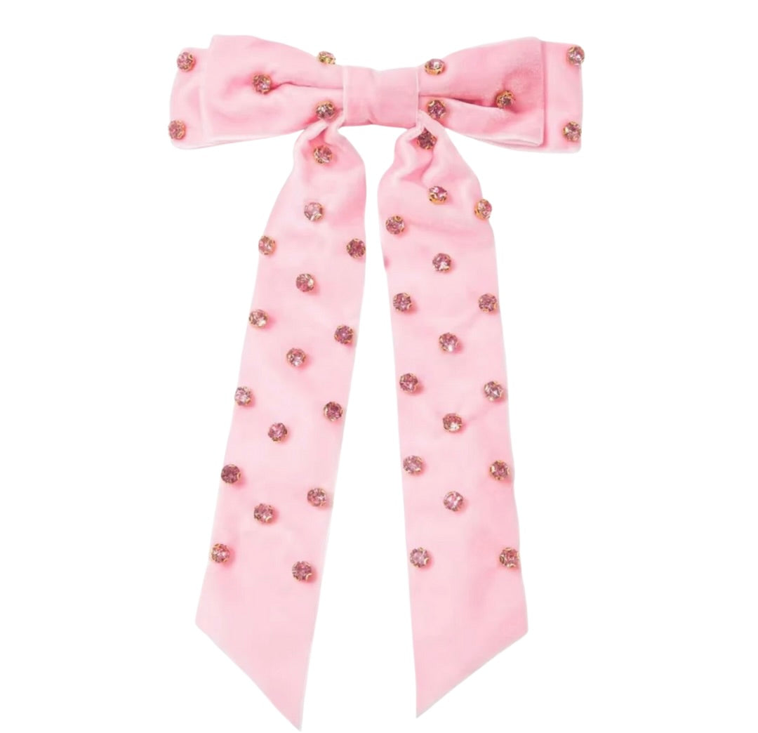 (PREORDER) Long Tail Velvet Rhinestone Bow-Pink
