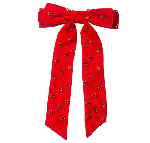 (PREORDER) Long Tail Velvet Rhinestone Bow-Red