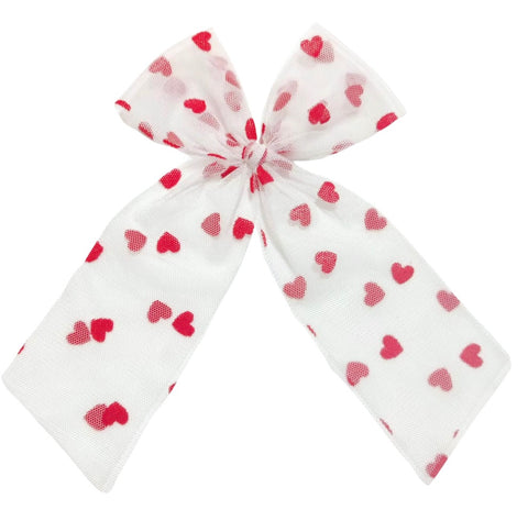(PREORDER) Long Tail Bow-White & Red Heart Tulle
