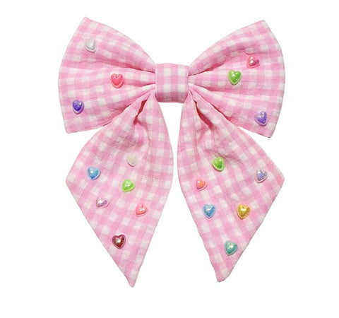 (PREORDER) PRE-TIED Pink Gingham Candy Heart Bow