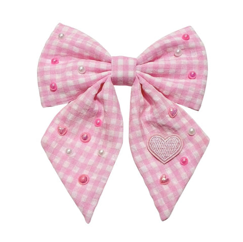 (PREORDER) PRE-TIED Pink Gingham Heart Bow