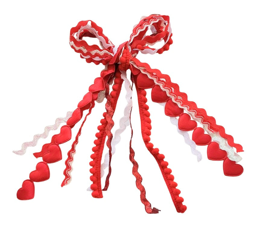 (PREORDER) PRE-TIED Long Tail Messy Bow-V-Day Puffy Red Heart