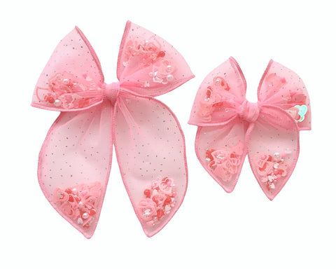 (PREORDER) Choose Size PRE-FILLED/PRE-TIED SHAKER BOW-Pink Heart Sparkle