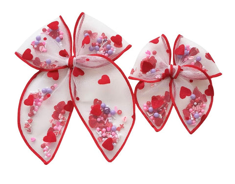 (PREORDER) Choose Size PRE-FILLED/PRE-TIED SHAKER BOW-Red Hearts