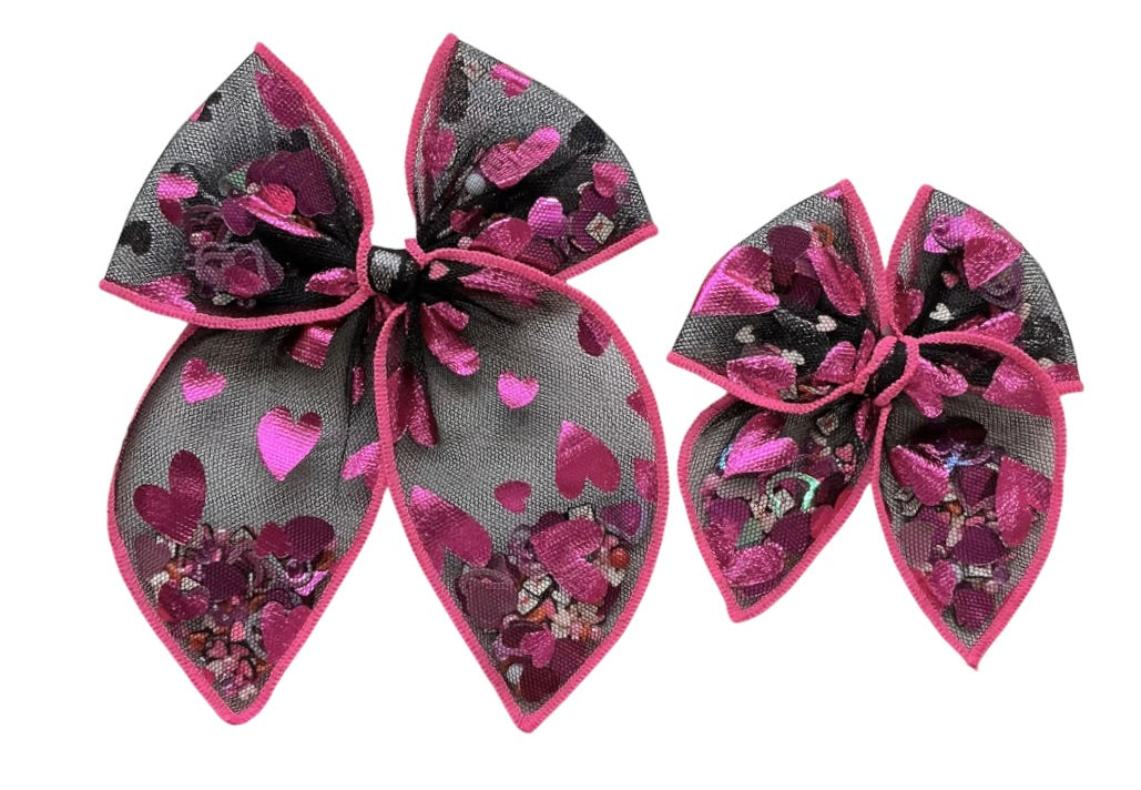 (PREORDER) Choose Size PRE-FILLED/PRE-TIED SHAKER BOW-Black Hot Pink Hearts