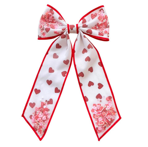 (PREORDER) PRE-TIED LONG TAIL SHAKER BOW-Red and White Hearts