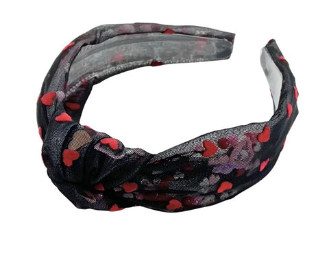 (PREORDER) TOP KNOT HEADBAND-Black Red Hearts SHAKER