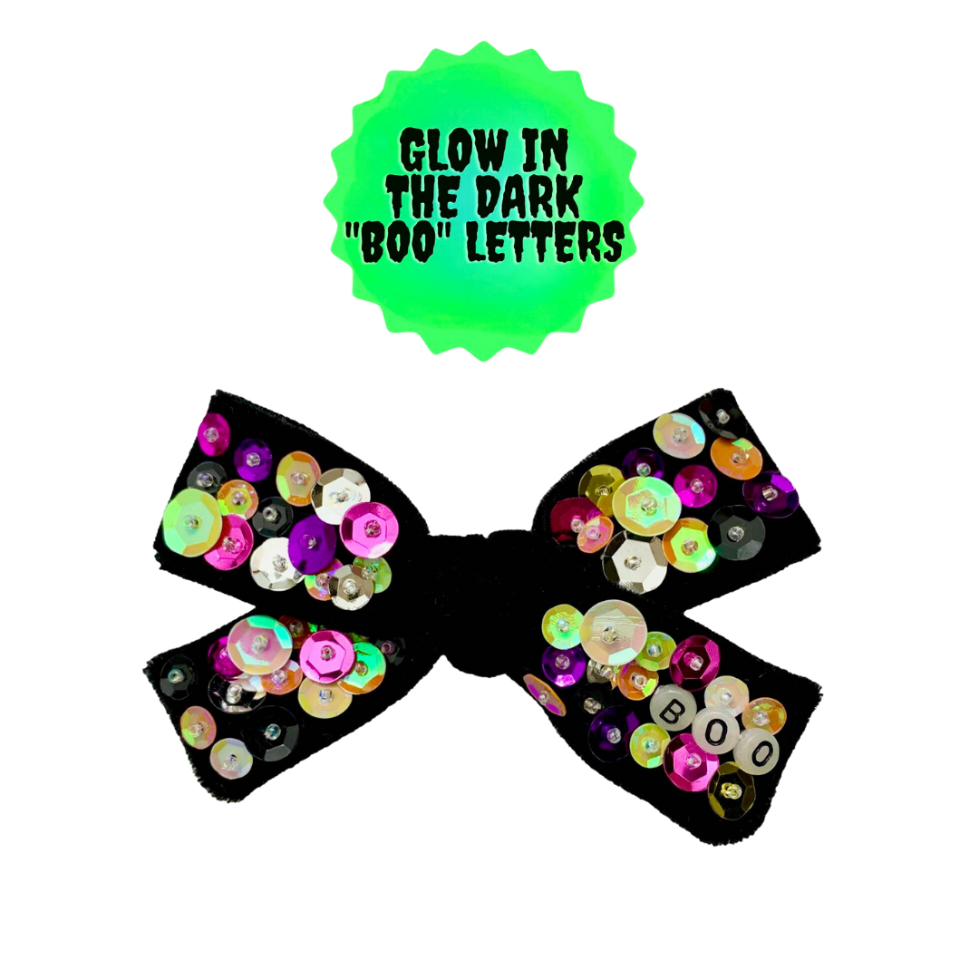 PRE-TIED BOW💡👻 GLOW IN THE DARK "BOO" Hand-Sewn Sequin Velvet Bow