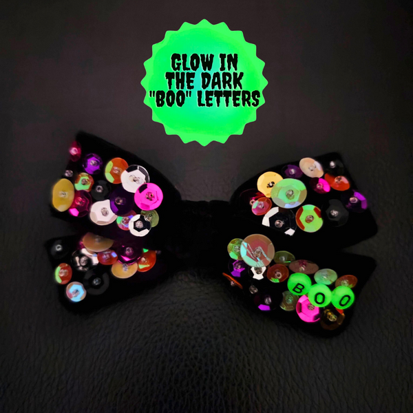 PRE-TIED BOW💡👻 GLOW IN THE DARK "BOO" Hand-Sewn Sequin Velvet Bow