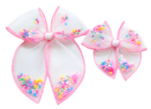 Choose Size PRE-FILLED/PRE-TIED SHAKER BOW-Pink Sprinkle Candy Hearts