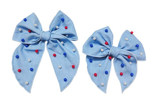 Choose Size-PRE-TIED SURGED EDGE BOW-Red, White and Denim Beaded