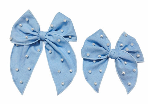 (PREORDER) Choose Size-PRE-TIED SURGED EDGE BOW-Denim and Pearls