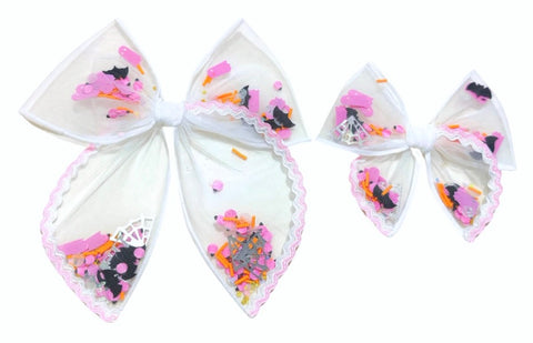 Choose Size-PRE-FILLED/PRE-TIED SHAKER BOW-Pink Halloween SCALLOPED