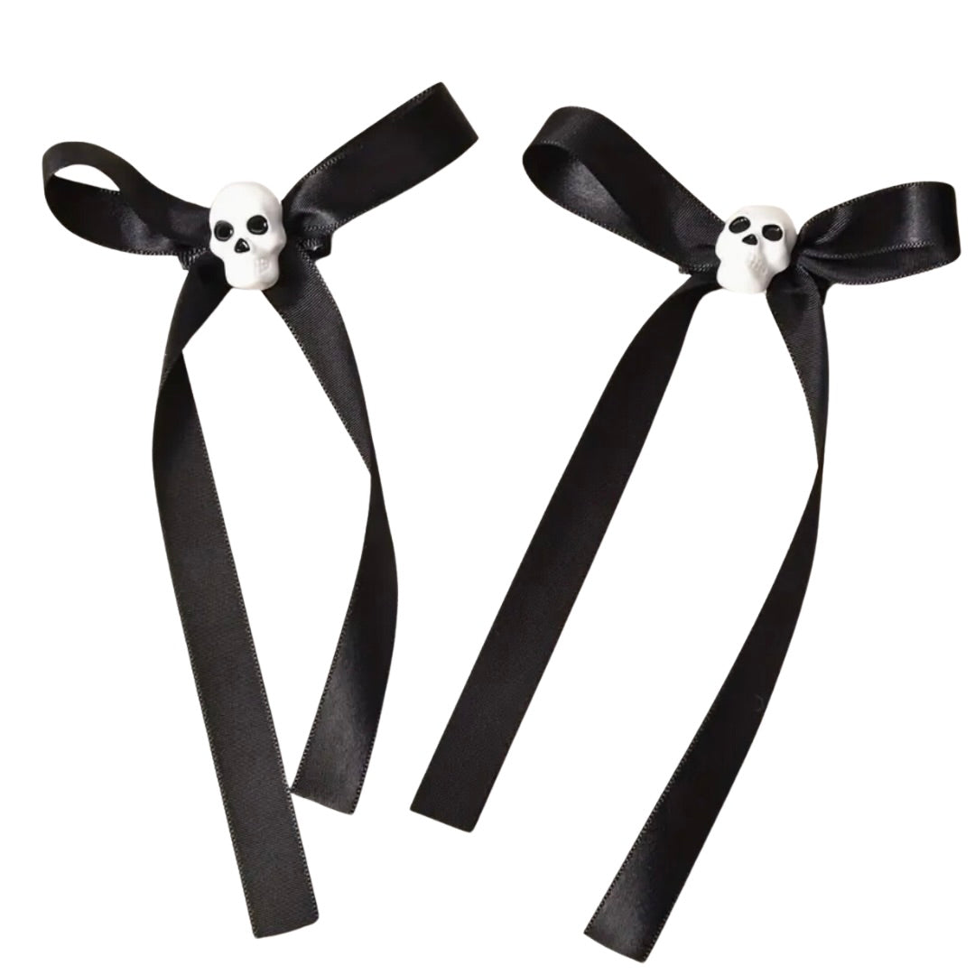 Black Skeleton Satin Coquette Long Tails Bow