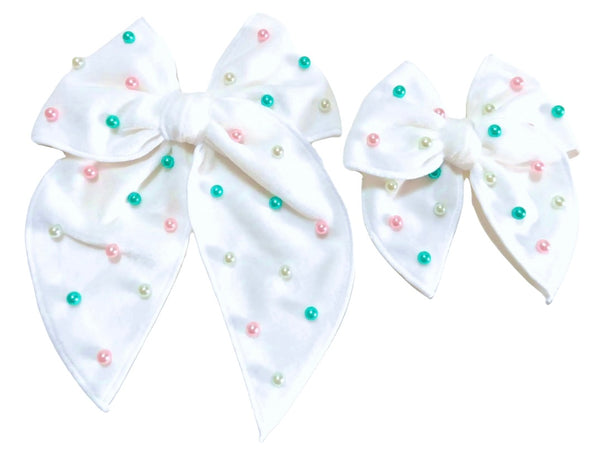 (PREORDER) Choose Size-PRE-TIED SURGED EDGE BOW-White Beaded Velvet