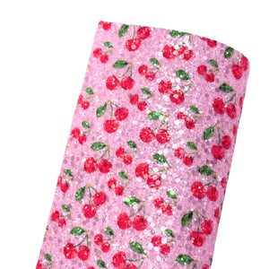 NEW! Pink Cherries Chunky Glitter Fabric w/ Felt Backing