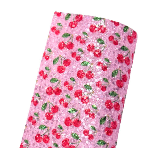 NEW! Pink Cherries Chunky Glitter Fabric w/ Felt Backing