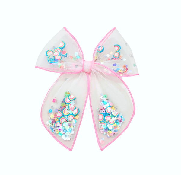 Choose Size PRE-FILLED/PRE-TIED SHAKER BOW-Rainbow Floral Sparkle-Trolls Inspired