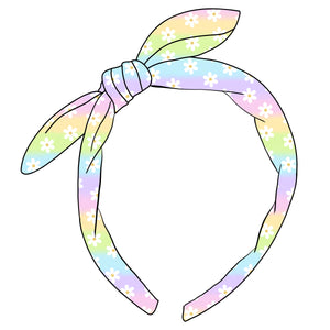 (PREORDER) KNOTTED BOW HEADBAND-Pastel Rainbow Daisies