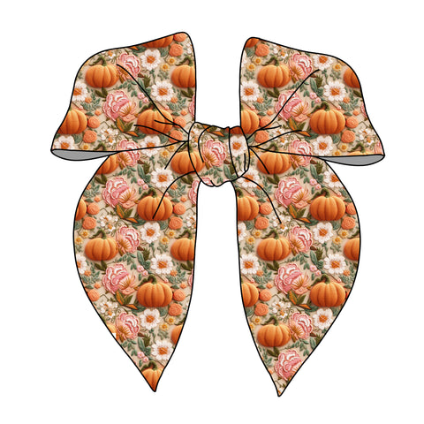PRE-TIED SURGED EDGE BOW-"Embroidered" Pumpkin Fall Floral