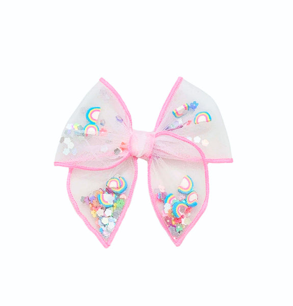 Choose Size PRE-FILLED/PRE-TIED SHAKER BOW-Rainbow Floral Sparkle-Trolls Inspired