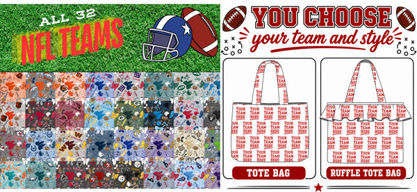 (PREORDER TOTE BAGS-STYLE 1T) All NFL Football Bow Teams-You Choose Team and Style