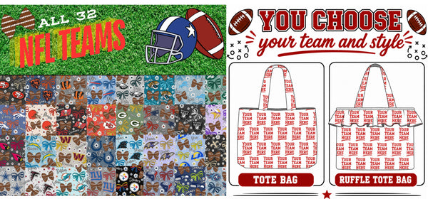 (PREORDER TOTE BAGS-STYLE 2T) All NFL Football Bow Teams-You Choose Team and Style