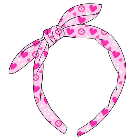 (PREORDER) KNOTTED BOW HEADBAND-Boujee Pink Hearts