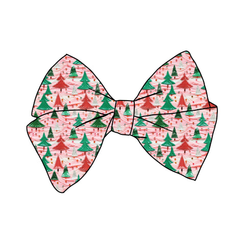 PRE-TIED BOW-"3D Embroidered" Pink and Green Sparkle Frosting Christmas Trees