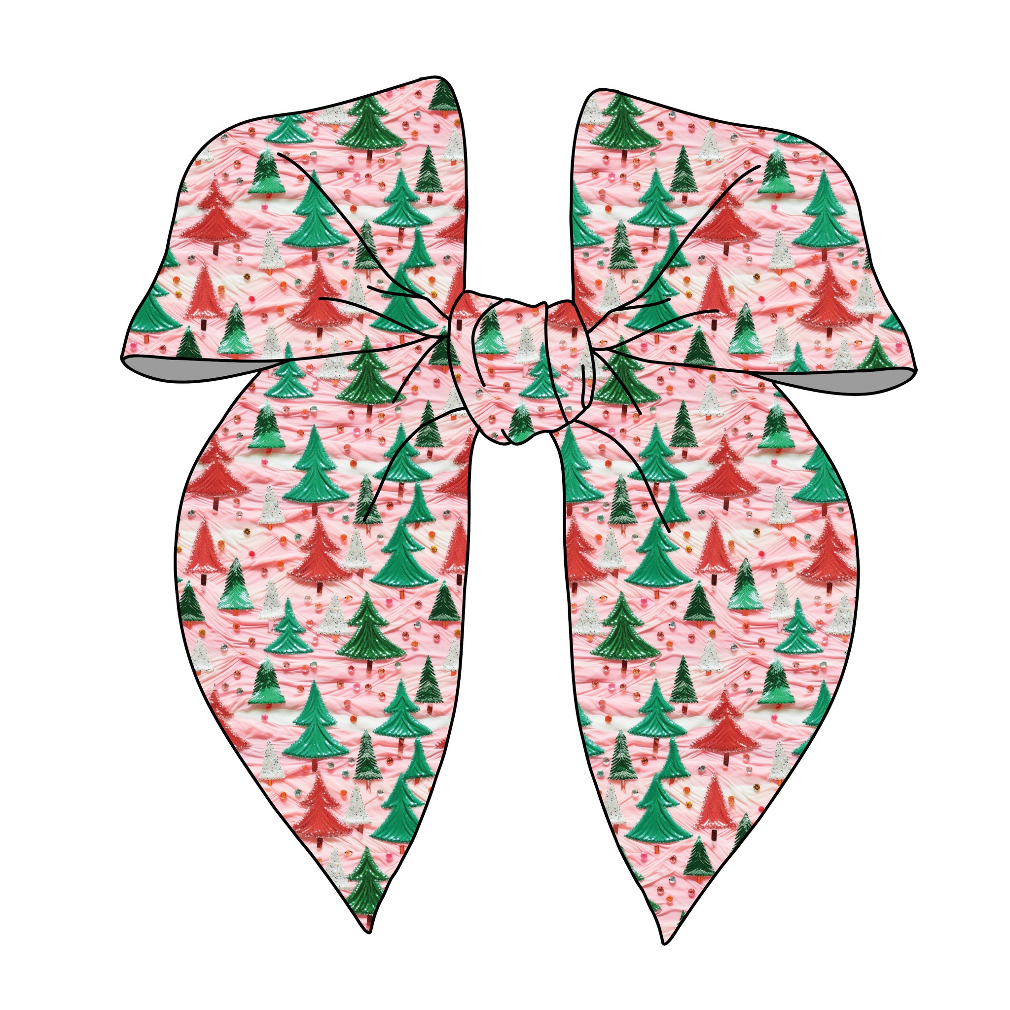 PRE-TIED SURGED EDGE BOW-"3D Embroidered" Pink and Green Sparkle Frosting Christmas Trees