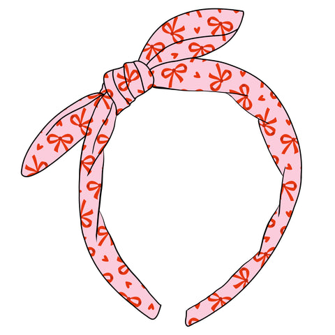 (PREORDER) KNOTTED BOW HEADBAND-Pink and Red Heart Bows