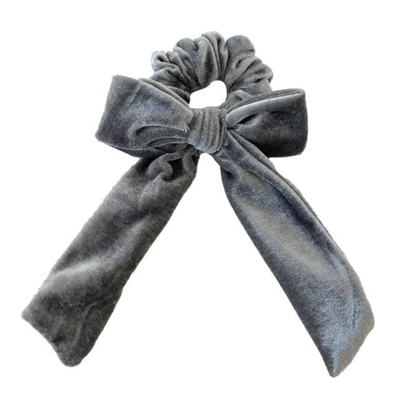 NEW STYLE VELVET BOW SCRUNCHIE-Silver Grey-Hand Tied Bow Scrunchie-Wholesale