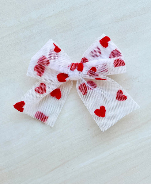 (PREORDER) PRE-TIED White/Red Heart Tulle Bow