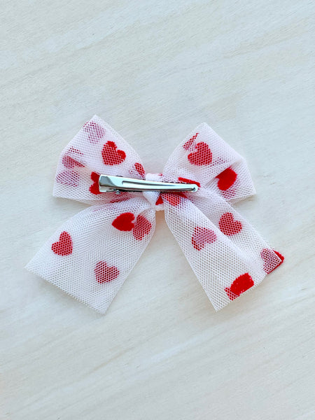 (PREORDER) PRE-TIED White/Red Heart Tulle Bow